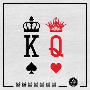 Król i Królowa Svg Png, Karty do gry Svg, Król Pik Svg, Królowa Kier Svg, Koszulka dla Par, Plik Cięcia Svg dla Cricut i Silhouette