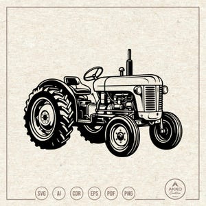 May include: A black and white graphic illustration of a vintage farm tractor featuring large rear tyres with deep treads, a steering wheel, an engine block, and a front grille. The text AKKO Creative is visible in a small circular logo at the bottom.
