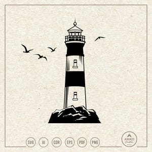 May include: Black and white illustration of a lighthouse on a rocky base, with three seagulls flying above. The lighthouse has a striped design and two windows. The image includes file type icons: SVG, AI, CDR, EPS, PDF, and PNG.
