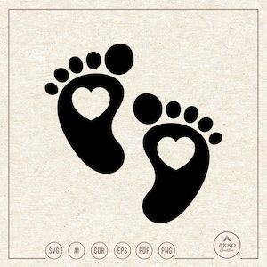 May include: Black graphic of two baby footprints, each with a heart-shaped cutout. The footprints are on a beige background. The image includes file type icons: SVG, AI, CDR, EPS, PDF, and PNG.