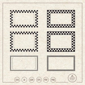 May include: Six rectangular frames with black and white checkered borders. The frames are arranged in two rows of three. The bottom of the image shows file type icons: SVG, AI, CDR, EPS, PDF, and PNG. The Akko Creative logo is in the bottom right corner.