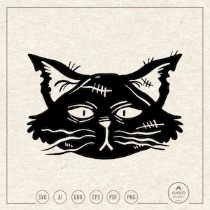 May include: A black graphic illustration of a cat head with pointed ears, wide eyes, and visible stitch marks on the forehead and cheek. The design includes long whiskers and the text AKKO Creative at the bottom right corner with file formats.