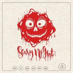 Puede incluir: Gráfico rojo con una cara sonriente con forma de calavera y la frase "Scary Night" en una fuente goteante. El diseño incluye iconos de tipo de archivo: SVG, AI, CDR, EPS, PDF y PNG. El logotipo de Akko Creative está en la parte inferior derecha.