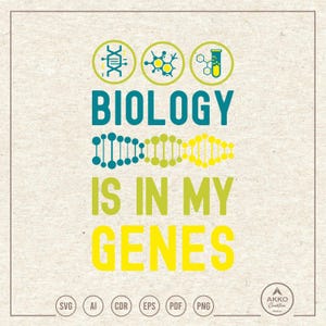 May include: A yellow and green graphic design with the text "BIOLOGY IS IN MY GENES" and three icons representing DNA, a molecule, and a test tube.