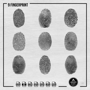 Op de afbeelding: Negen zwart-wit vingerafdruk illustraties gerangschikt in een 3x3 raster. De bovenkant van de afbeelding leest "9 FINGERPRINT". Onder de vingerafdrukken staan bestandstype-iconen: SVG, AI, CDR, EPS, PDF, JPG en PNG. Het Akko Creative logo staat rechtsonder.