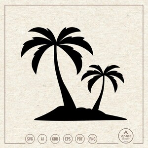 May include: Black silhouette of two palm trees on a small island. The image is a vector graphic, suitable for various design applications. The design includes file type icons such as SVG, AI, CDR, EPS, PDF, and PNG.