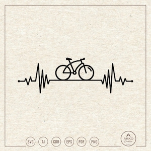 Op de afbeelding: Zwarte lijntekening van een fiets geïntegreerd in een hartslagritme. Het ontwerp staat op een beige achtergrond en bevat bestandstype-pictogrammen: SVG, AI, CDR, EPS, PDF en PNG.