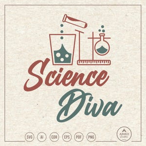May include: A teal and red graphic design with the text "Science Diva" and a stylized illustration of a beaker, a flask, and a test tube.