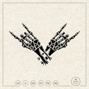 Rock On Bone Hands Svg Png, Skeleton Horns, Rocker Clipart, Cricut Silhouette Cut File