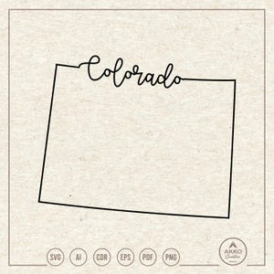 May include: A black outline of the state of Colorado with the word "Colorado" in a cursive font. The image is on a beige background. The bottom of the image has file type icons: SVG, AI, CDR, EPS, PDF, and PNG.