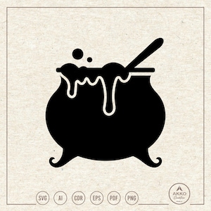 May include: A black silhouette graphic of a cauldron with liquid bubbling over the rim and a stirring spoon inside. The design includes a row of file format icons at the bottom and the text AKKO Creative in the lower right corner.