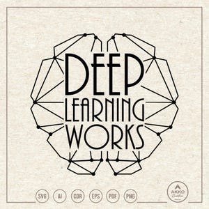 Może przedstawiać: Czarno-biały projekt graficzny mózgu z tekstem "DEEP LEARNING WORKS" w środku. Projekt jest otoczony geometrycznym wzorem linii i kropek.