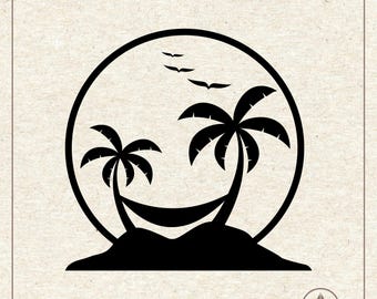 Palm Tree Sunset SVG PNG: Tropical Island Beach Hammock, Cut File Digital Download
