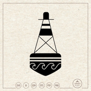 May include: Black and white nautical buoy illustration. The buoy features a black top, horizontal stripes, an X-shaped support, and a base with wave detailing. The design is set against a beige background.