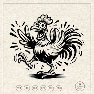 Könnte beinhalten: Schwarz-Weiß-Illustration eines Hahns in dynamischer Pose, mit ausgebreiteten Flügeln und sich bewegenden Beinen. Das Design zeichnet sich durch kräftige Linien und stilisierte Details mit dekorativen Elementen aus. Dateityp-Symbole sind enthalten.