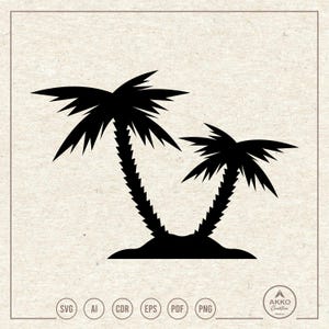 May include: Black silhouette of two palm trees on a small island. The trees have detailed fronds and textured trunks. The image is a vector graphic, suitable for various digital applications.