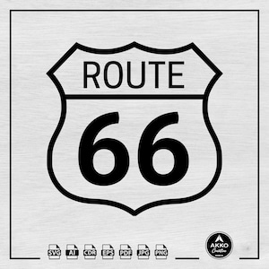 ルート 66 標識 SVG PNG、道路標識 SVG、ルート 66 ロゴ SVG、ルート 66 ハイウェイ SVG、米国アイコン SVG、クリップ アート、Cricut およびシルエット用の SVG カット ファイル