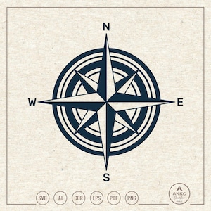 Könnte beinhalten: Ein marineblaues Kompassrosen-Design mit den Himmelsrichtungen beschriftet. Der Kompass ist in einem kreisförmigen Rahmen zentriert, mit den Buchstaben N, E, S und W deutlich markiert. Das Bild enthält Dateityp-Symbole: SVG, AI, CDR, EPS, PDF und PNG.
