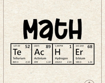 May include: A black and white graphic design with the word "Math" in large, stylized letters. Below the word are six squares, each representing a different element from the periodic table. The elements are Tellurium (Te), Actinium (Ac), Hydrogen (H), Erbium (Er), and two other elements with atomic numbers 52 and 68.