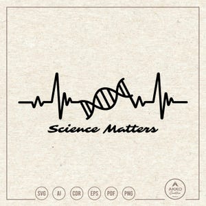 Op de afbeelding: Zwart-wit grafisch ontwerp van een hartslag met een DNA-streng in het midden. De tekst "Science Matters" staat onder de grafiek.