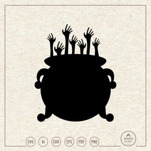 May include: Black silhouette of a cauldron with multiple hands reaching out from the top. The cauldron has two handles and three small feet. The image is a vector graphic, with file type icons at the bottom. The Akko Creative logo is in the bottom right corner.