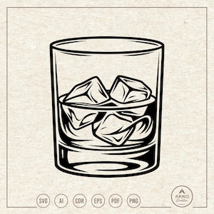 May include: A black and white line art illustration of a rocks glass filled with liquid and three ice cubes. The design features bold outlines and shading. In the bottom right corner, a circular logo contains the text AKKO Creative.