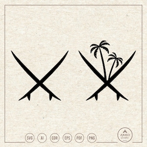Crossed Surfboard Svg Png, Surf Svg, Surfing Svg, Surfboard with Palm Tree Svg, Summer Vibes Svg, Clipart, Svg Cut File Cricut Silhouette