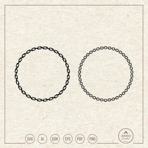 May include: Two black chain circle designs on a beige background. The circles are made of linked chain segments. The bottom of the image shows file type icons: SVG, AI, CDR, EPS, PDF, and PNG. The Akko Creative logo is in the bottom right corner.
