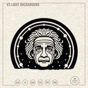 以下が含まれることがあります： 点線の境界線を持つ円の中に、アルバート・アインシュタインの顔の白黒のイラスト。背景は薄い茶色です。