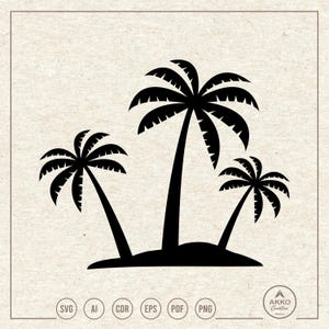 May include: Black silhouette of three palm trees on a small island. The image is a vector graphic, suitable for various design applications. The bottom of the image includes file type icons: SVG, AI, CDR, EPS, PDF, and PNG. The Akko Creative logo is in the bottom right corner.