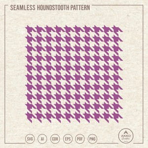 May include: Seamless houndstooth pattern in purple on a beige background. The design features a repeating pattern of dog tooth shapes. The image includes the text "Seamless Houndstooth Pattern" and file type icons: SVG, AI, CDR, EPS, PDF, and PNG.