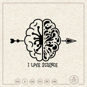 May include: Black and white illustration of a brain divided in half, one side with a scientific design and the other with a floral design. An arrow points to the right, with the text "I LOVE SCIENCE" below.