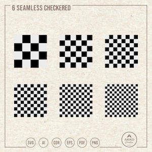 以下が含まれることがあります： 「6 SEAMLESS CHECKERED」と題されたデジタルコレクションで、サイズの異なる6種類の黒と白の正方形グリッドパターンが並んでいます。画像にはSVG、AI、CDR、EPS、PDF、PNGのファイル形式ラベルと、AKKO Creativeのロゴが含まれています。