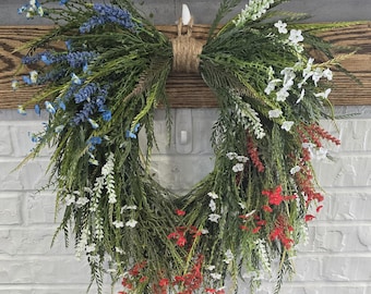 Corona patriótica en cascada, 4 de julio, Día de los Caídos, Día del Trabajo, decoración de casa de campo, puertas dobles