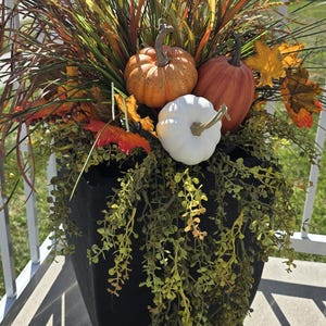 May include: A tall black tapered planter filled with an autumn arrangement featuring three pumpkins in orange, white, and reddish-brown. The display includes tall green and orange grasses, trailing green foliage, and scattered orange and yellow leaves.