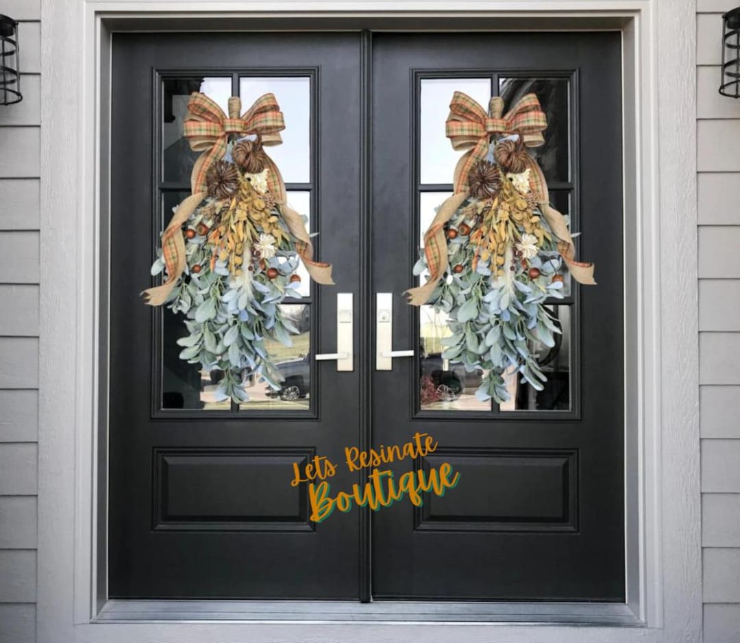 Fall Pumpkin Swag, Lambs Ear Teardrop Wreath, Farmhouse Door Decor - Etsy