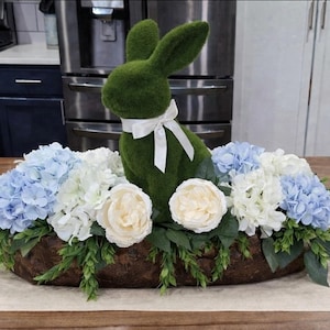 Moss Bunny Spring Floral Centerpiece: Hydrangeas, Roses, Greenery Table Decor