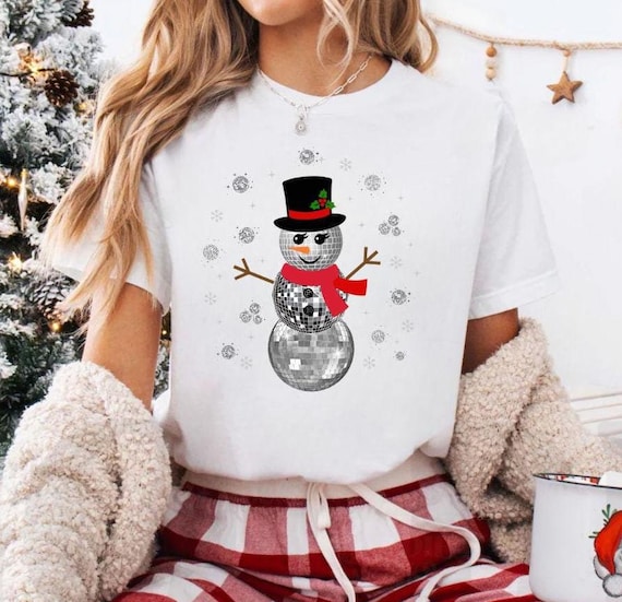 Disco Snowman Christmas T-shirt, Funky Disco Ball Top, Retro