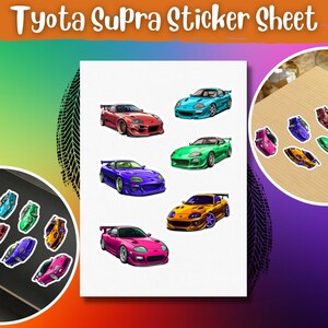May include: A sheet of stickers featuring various coloured Toyota Supra cars. The cars are in shades of red, blue, green, purple, orange, and pink. The stickers are perfect for adding a touch of style to laptops, water bottles, or other surfaces.