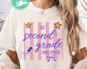 Comfort Colors Custom Second Grade Teacher Shirt, 2nd Grade Teacher Team Shirts, Retro Stripes Personalized Educator Tee