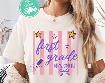 Comfort Colors® First Grade Teacher Shirt, Custom 1st Grade Matching Group T-Shirt, Retro  Stripes Educator Back to School Team Tee