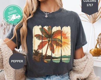 Comfort Colors Retro Palm Tree T-Shirt, Vintage Sunset Beach Tee, Summer Vacation Tee Gifts
