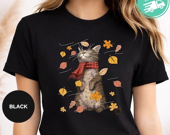Funny Cat Thanksgiving T-Shirt, Fall Leaves Design, Cat Mom Gift
