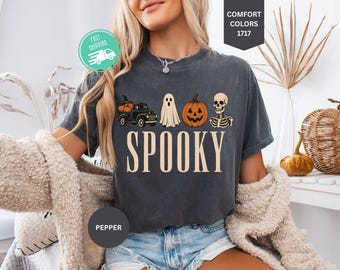 Comfort Colors® Spooky Halloween Shirt, Pumpkin Season T-Shirt, Fall Halloween Truck, Ghost Skeleton Tee
