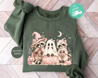 Halloween Raccoon Sweatshirt, Pink Bow Raccoon Sweater, Witchy Vibes Hoodie, Spooky Season Crewneck