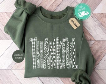 Faux Patchwork Thankful Sweatshirt, Distressed Fall Sweater, Floral Thanksgiving Hoodie, Polka Dot Autumn Crewneck