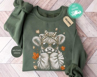 Preppy Fall Cow Sweatshirt, Western Autumn Sweater, Halftone Cow Hoodie, Cozy Season Crewneck