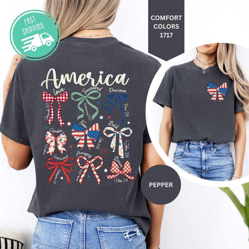 Comfort Colors America Bow Shirt, Patriotic Coquette Bow Tee, 4th Of July Outfit image 5