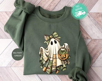Retro Halloween Camo Ghost Sweatshirt, Trendy Patchwork Hoodie, Fall Pumpkin Crewneck, Spooky Season Hoody