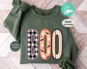 Boo Halloween Sweatshirt, Faux Patchwork Cottagecore Ghost Hoodie, Retro Halloween Sweater
